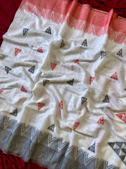 White Bengali Cotton Triangle Weave Saree