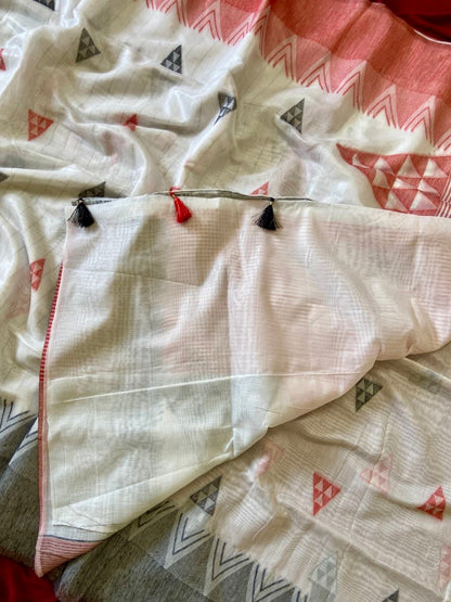 White Bengali Cotton Triangle Weave Saree