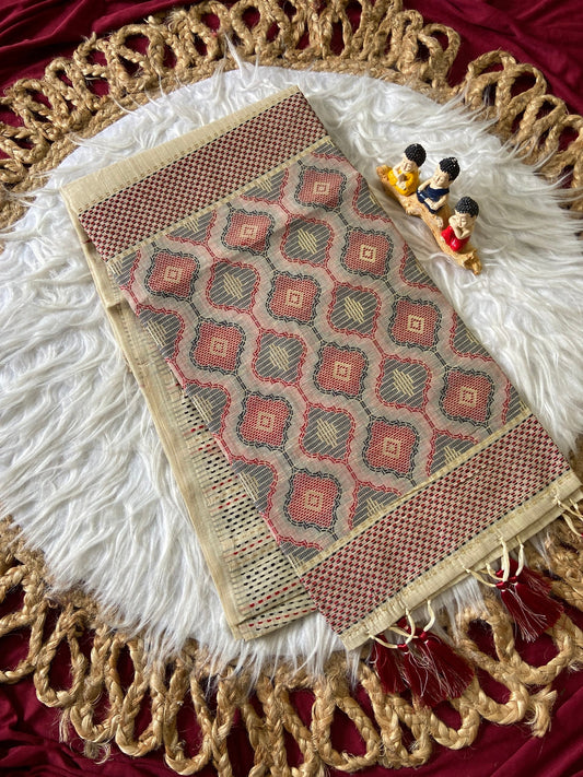 Beige Muga Cotton Woven Motif Saree