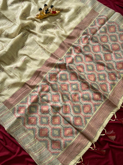 Beige Muga Cotton Woven Motif Saree