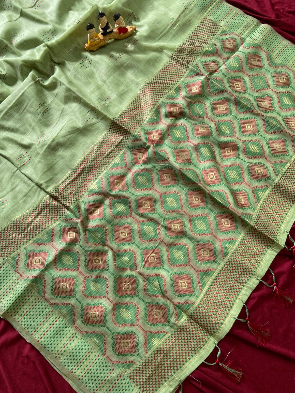 Pista Green Muga Cotton Woven Motif Saree