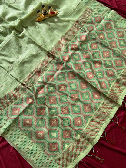 Pista Green Muga Cotton Woven Motif Saree