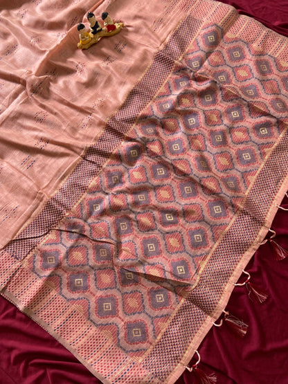 Peach Muga Cotton Woven Motif Saree