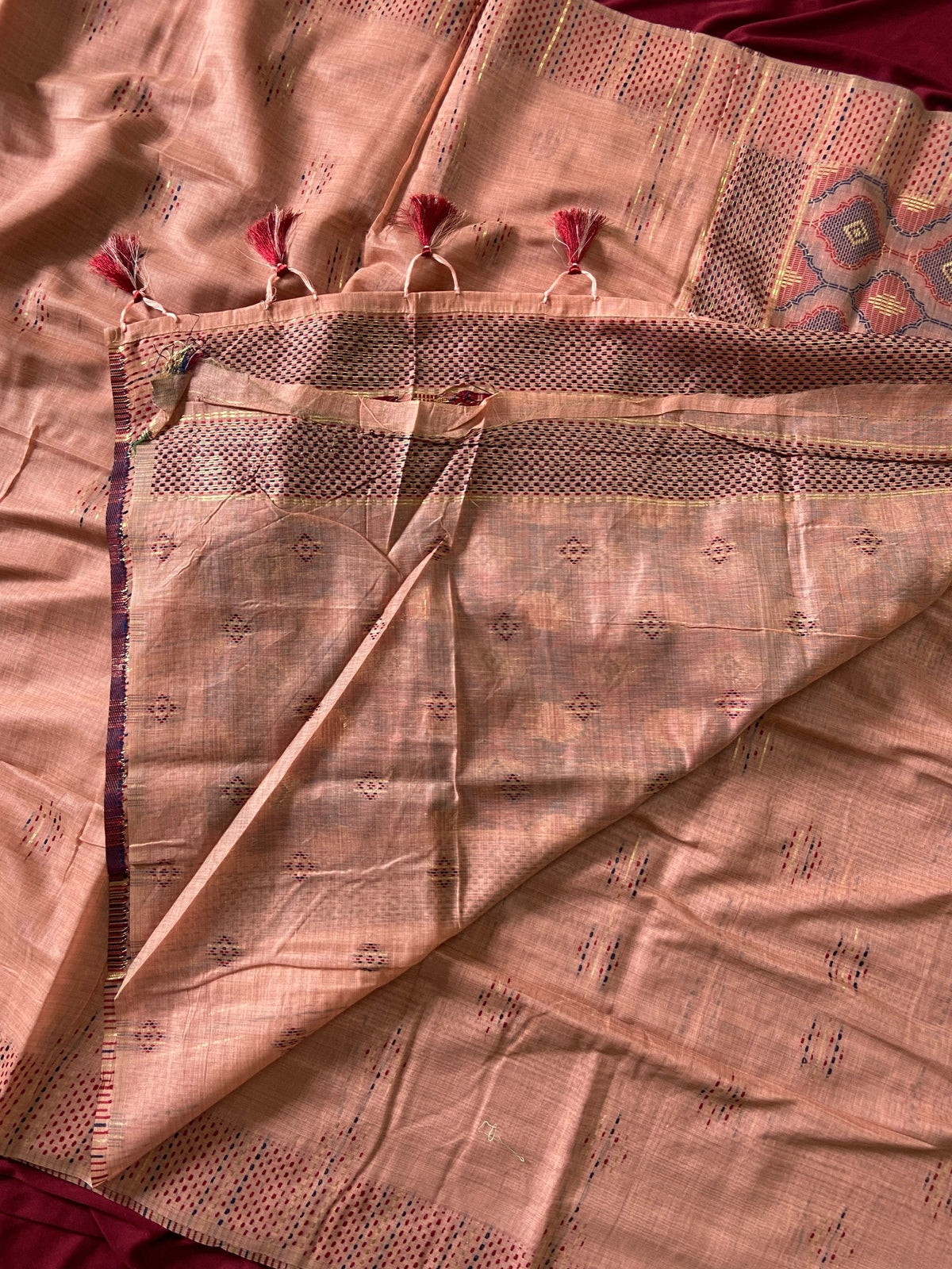 Peach Muga Cotton Woven Motif Saree