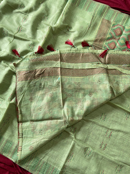 Pista Green Muga Cotton Woven Motif Saree