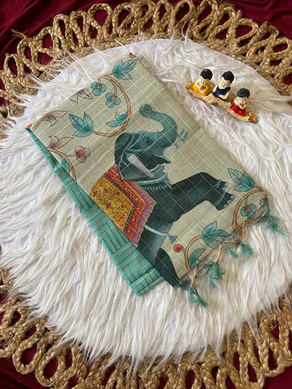 Teal Semi Tussar Silk Elephant Print Saree