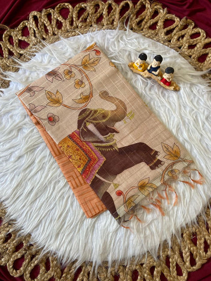 Orange Semi Tussar Silk Elephant Print Saree