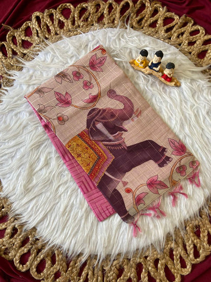 Pink Semi Tussar Silk Elephant Print Saree