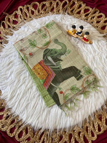 Pista Green Semi Tussar Silk Elephant Print Saree