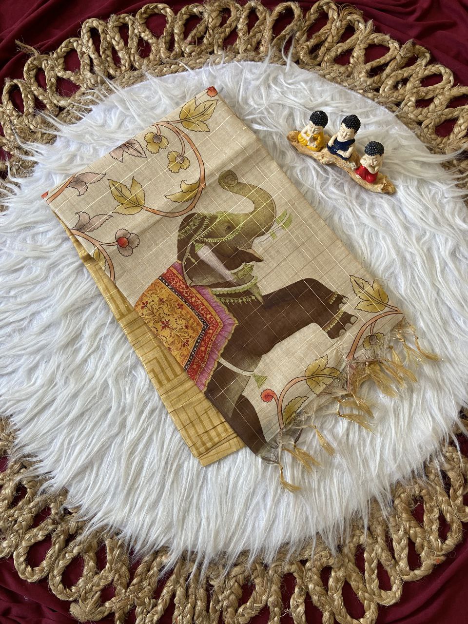 Mustard Semi Tussar Silk Elephant Print Saree