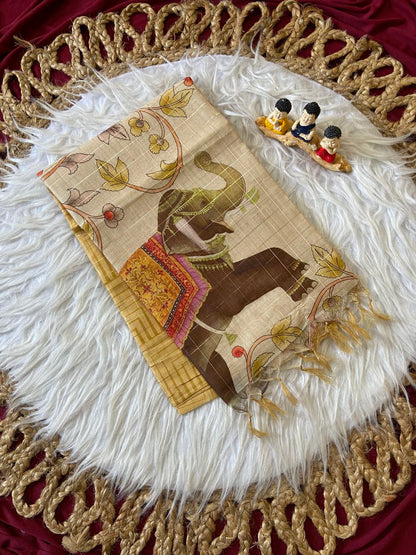 Mustard Semi Tussar Silk Elephant Print Saree