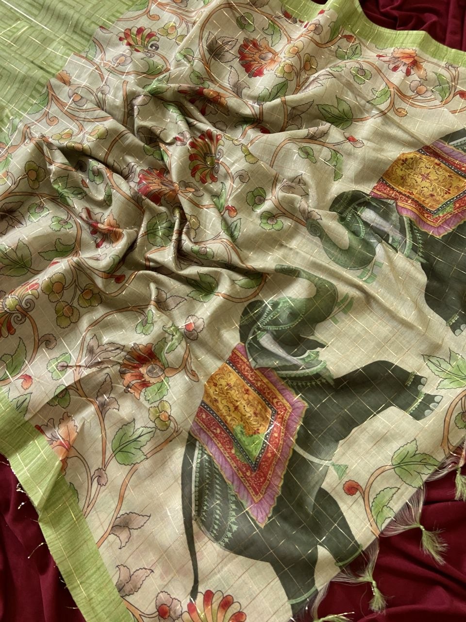 Pista Green Semi Tussar Silk Elephant Print Saree