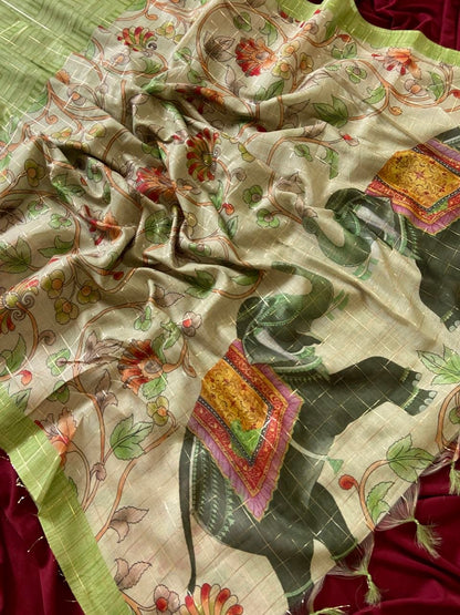 Pista Green Semi Tussar Silk Elephant Print Saree