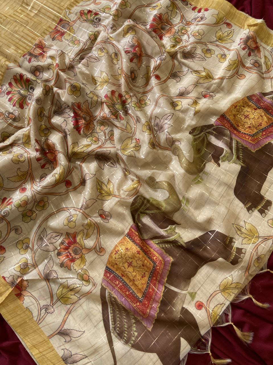 Mustard Semi Tussar Silk Elephant Print Saree