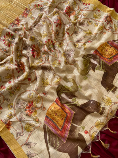 Mustard Semi Tussar Silk Elephant Print Saree