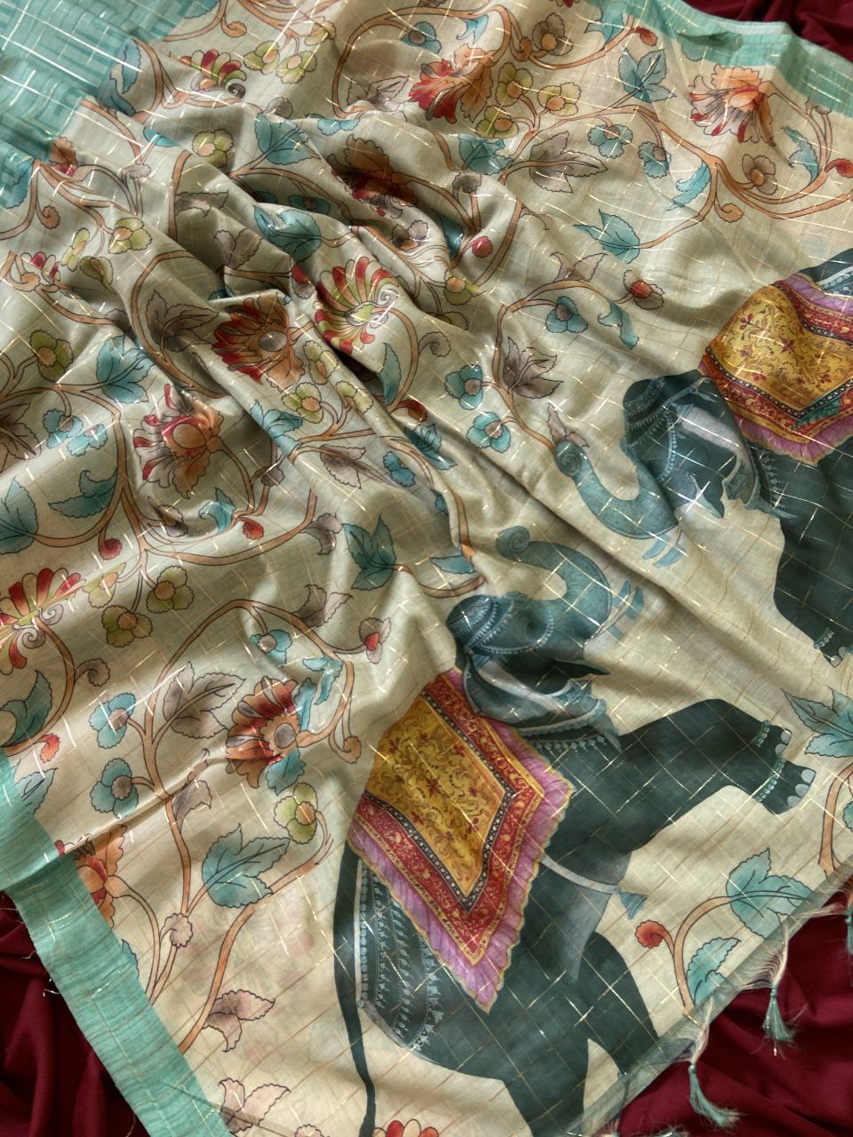 Teal Semi Tussar Silk Elephant Print Saree