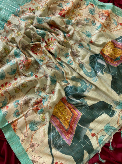 Teal Semi Tussar Silk Elephant Print Saree