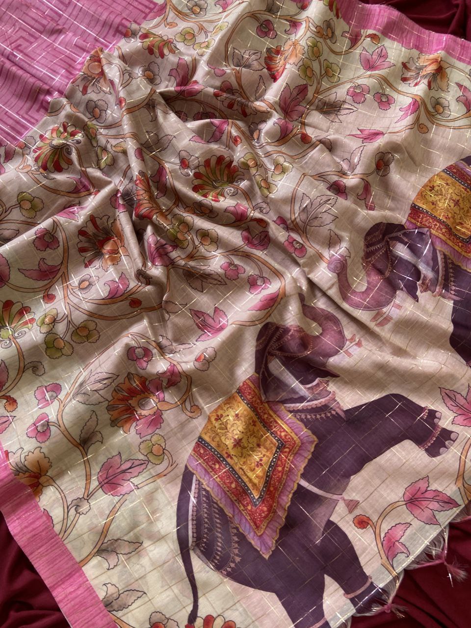 Pink Semi Tussar Silk Elephant Print Saree