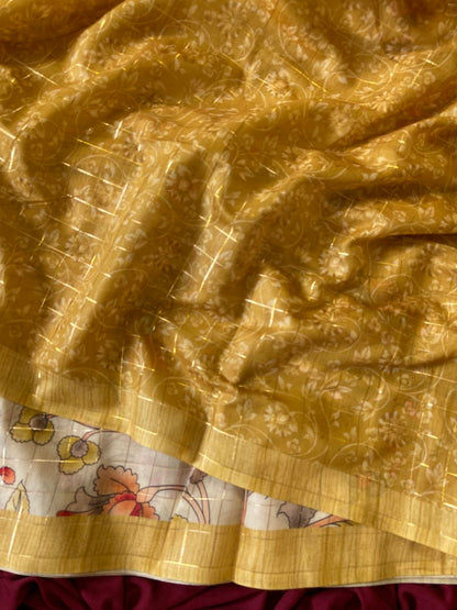 Mustard Semi Tussar Silk Elephant Print Saree