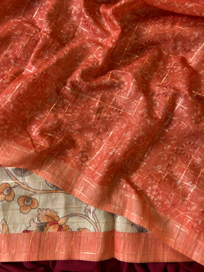 Coral Peach Semi Tussar Silk Elephant Print Saree