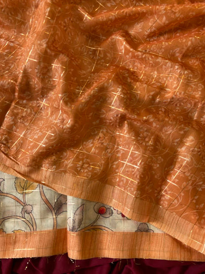 Orange Semi Tussar Silk Elephant Print Saree