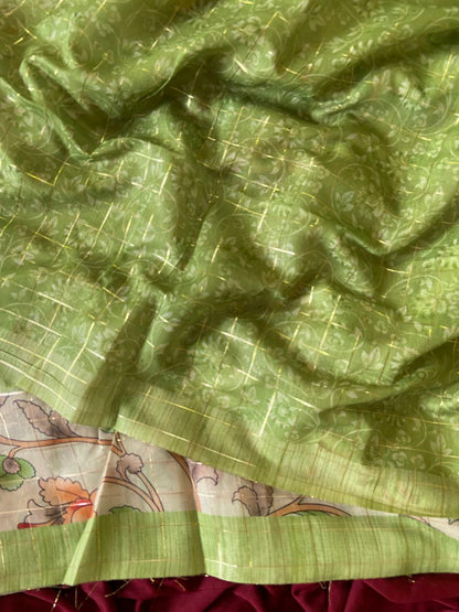 Pista Green Semi Tussar Silk Elephant Print Saree