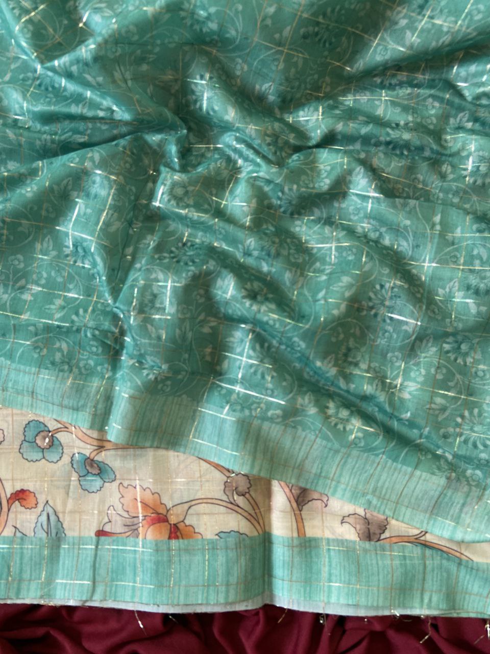 Teal Semi Tussar Silk Elephant Print Saree