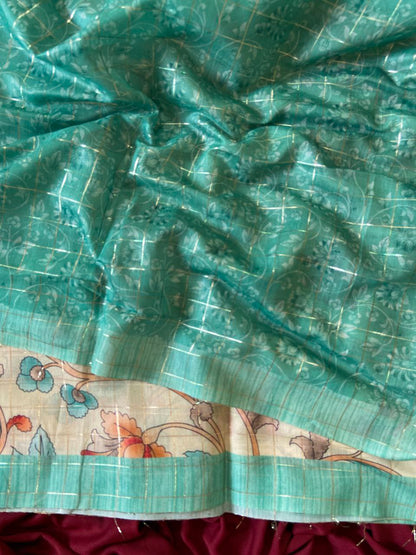 Teal Semi Tussar Silk Elephant Print Saree