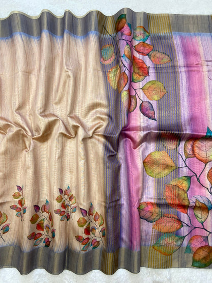 Grey Tussar Silk Leaf Print Saree