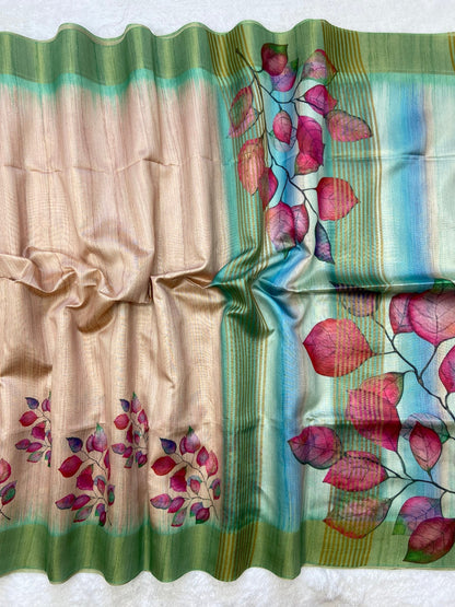 Mint Green Tussar Silk Leaf Print Saree