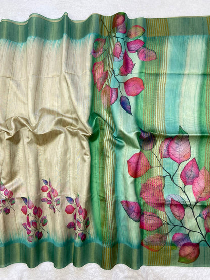 Mint Green Tussar Silk Leaf Print Saree