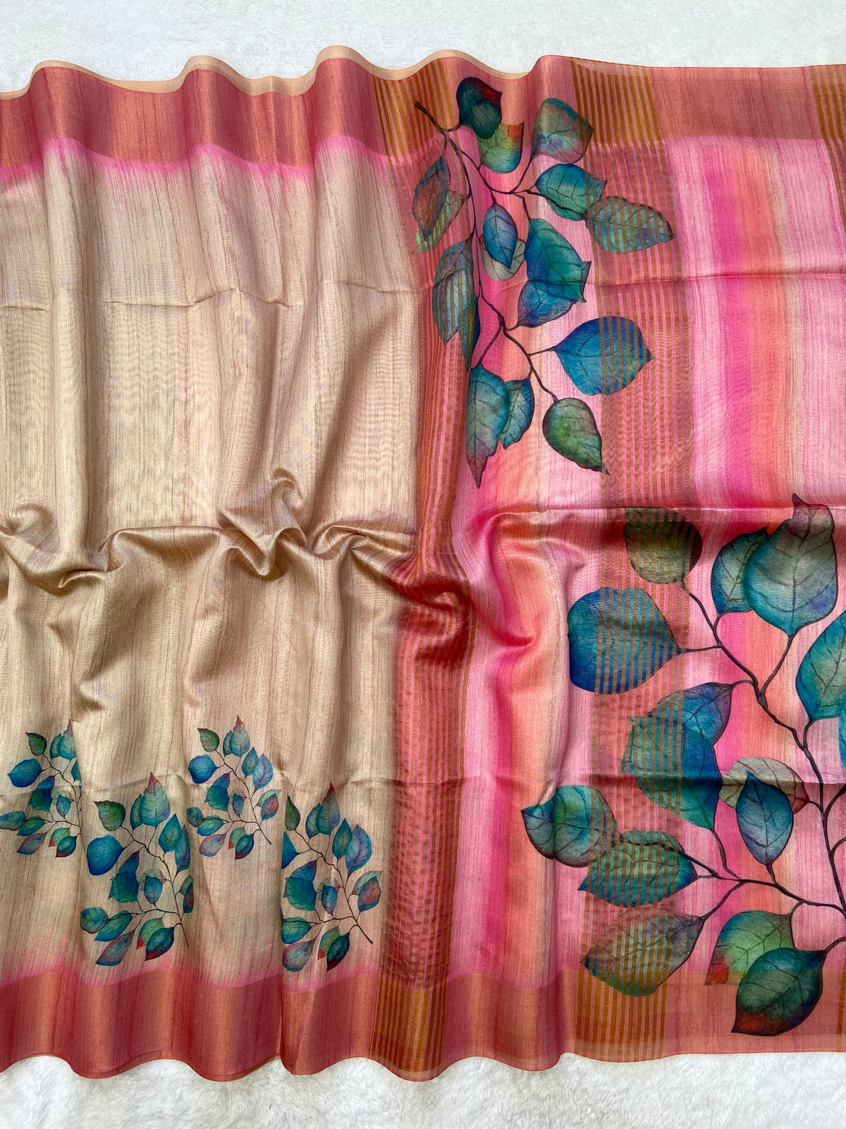 Pink Tussar Silk Leaf Print Saree