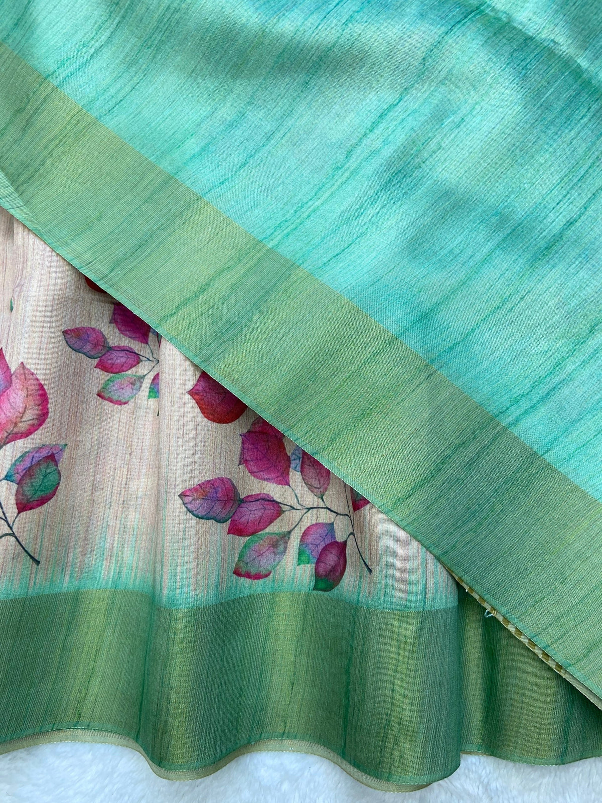 Mint Green Tussar Silk Leaf Print Saree