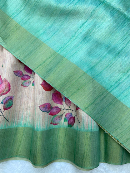 Mint Green Tussar Silk Leaf Print Saree