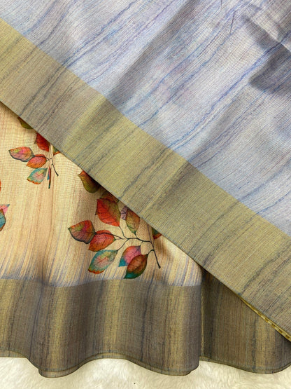 Grey Tussar Silk Leaf Print Saree