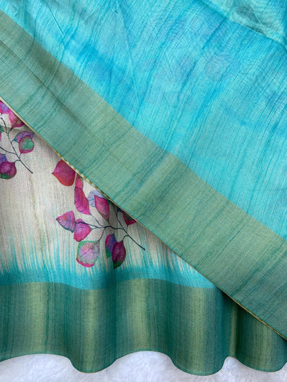 Sky Blue Tussar Silk Leaf Print Saree