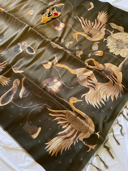Olive Tussar Silk Golden Crane Print Saree