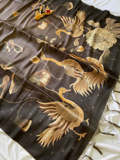 Coffee Brown Tussar Silk Golden Crane Print Saree