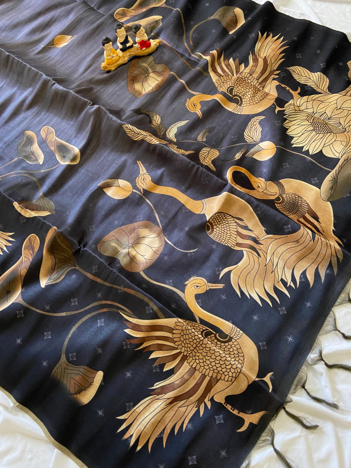 Navy Blue Tussar Silk Golden Crane Print Saree