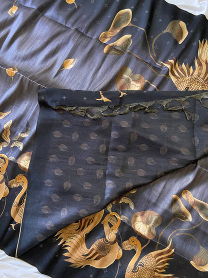 Navy Blue Tussar Silk Golden Crane Print Saree
