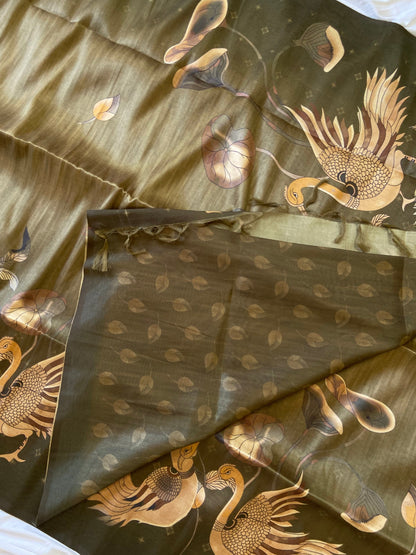 Olive Tussar Silk Golden Crane Print Saree