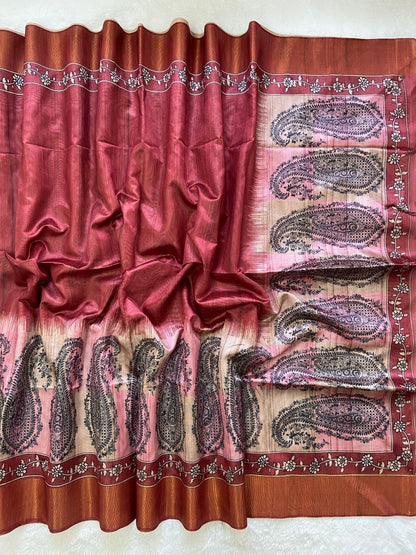 Red Tussar Silk Paisley Print Saree