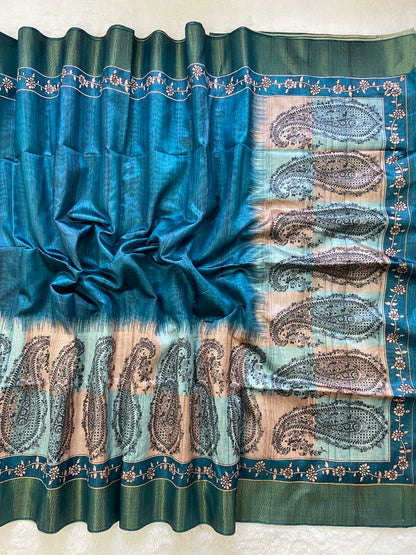 Teal Tussar Silk Paisley Print Saree