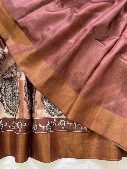 Copper Brown Tussar Silk Paisley Print Saree