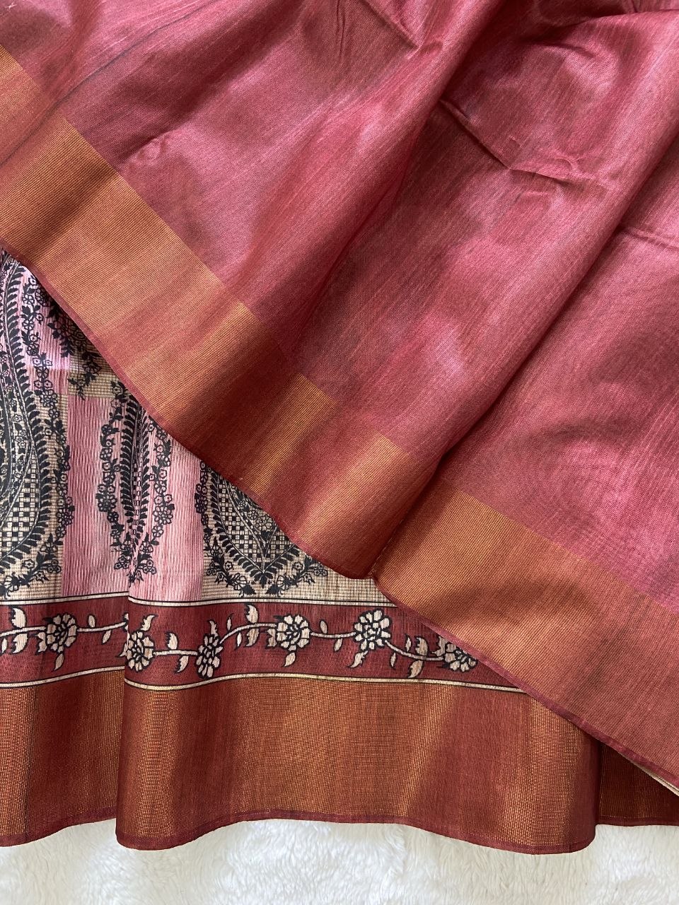 Red Tussar Silk Paisley Print Saree