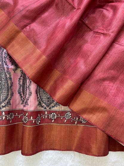 Red Tussar Silk Paisley Print Saree