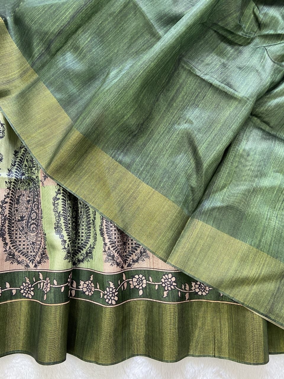 Olive Green Tussar Silk Paisley Print Saree