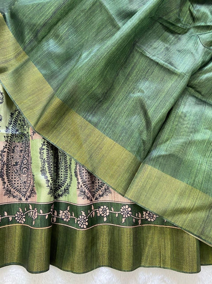 Olive Green Tussar Silk Paisley Print Saree