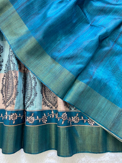 Teal Tussar Silk Paisley Print Saree