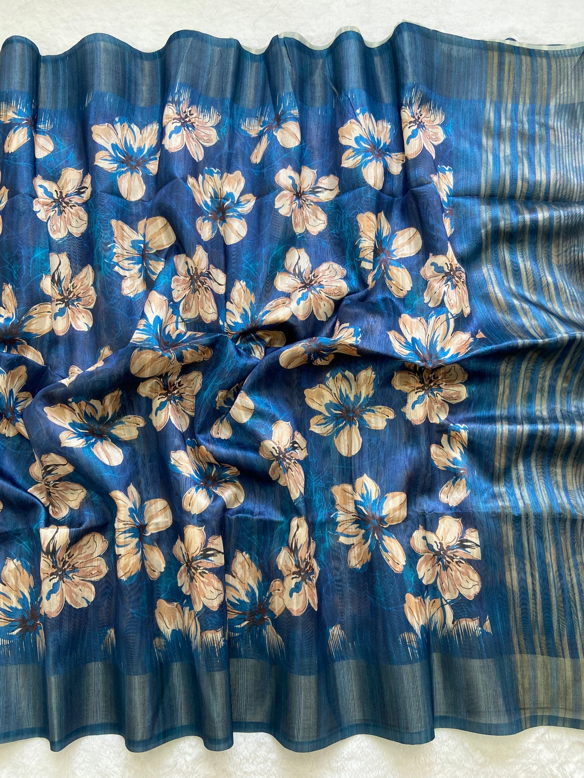 Royal Blue Tussar Silk Blossom Print Saree